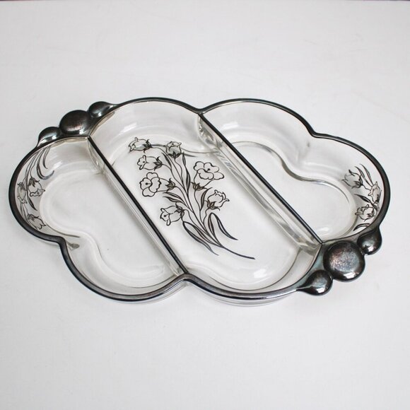 Vintage Silver Floral Daffodil Overlay Painted Divided Glass Serving Tray - Picture 5 of 6